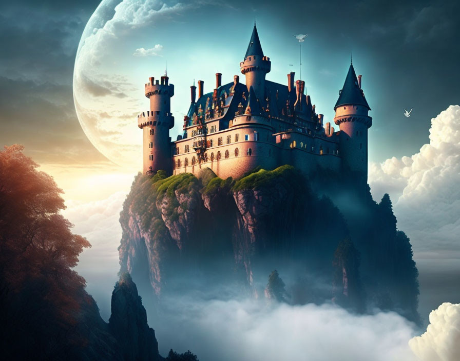 Majestic castle on cliff with moon, clouds, and birds