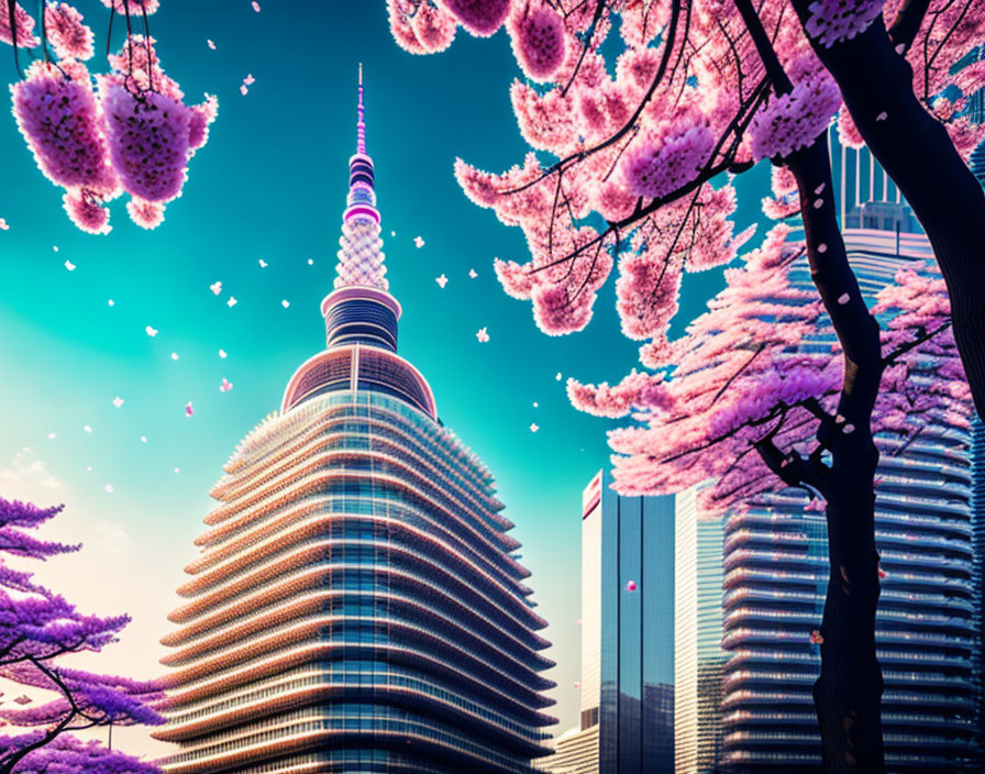 Cityscape with cherry blossoms and futuristic skyscrapers against blue sky