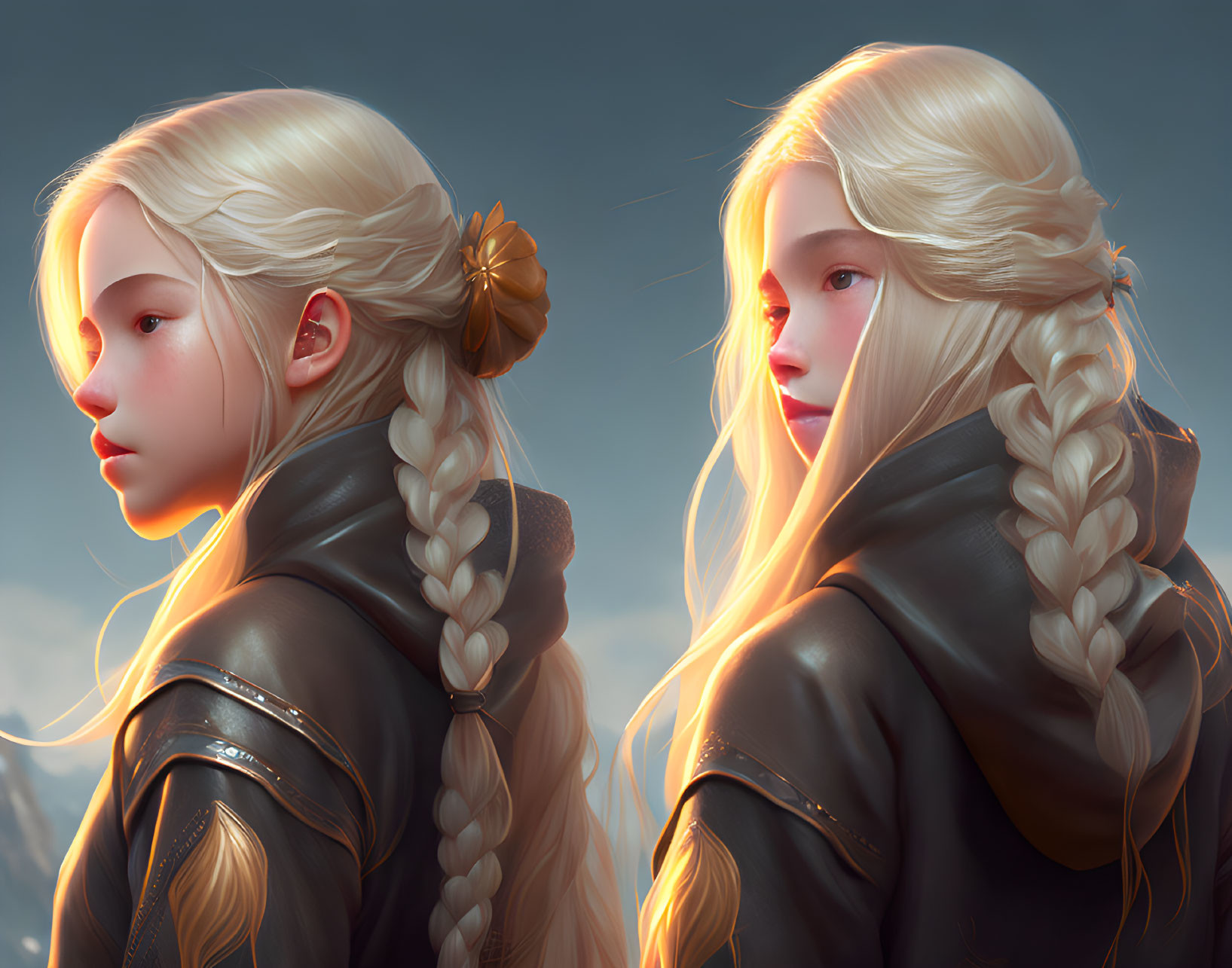 Platinum blonde braided hair girls in black cloaks against mountainous backdrop