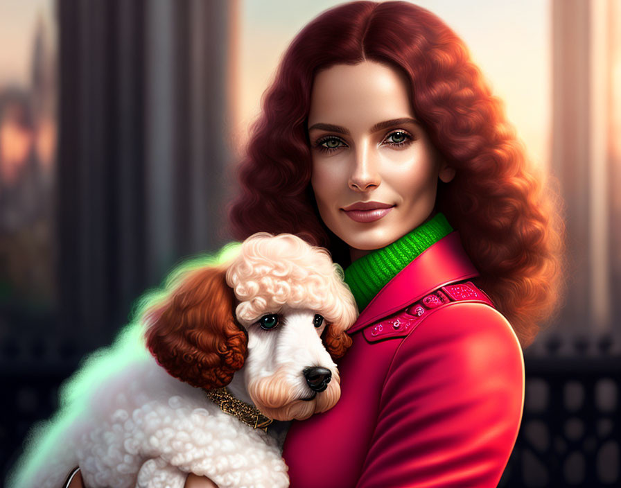 Red-haired woman with green scarf holding white poodle in urban setting