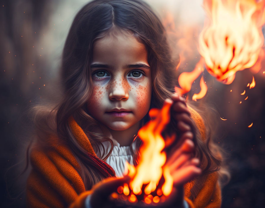 Captivating-eyed girl with freckles holding a flame in mystical autumnal setting