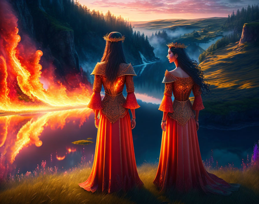 Two women in red medieval dresses with golden crowns watch dragon breathing fire in fantastical landscape at dusk