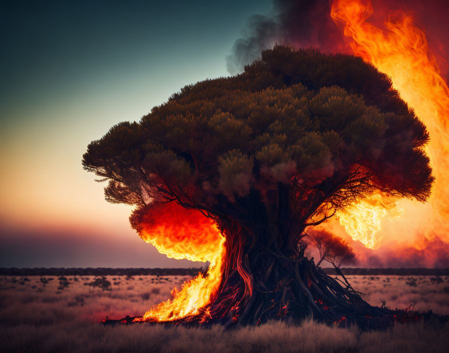 Burning tree in twilight sky with engulfing flames