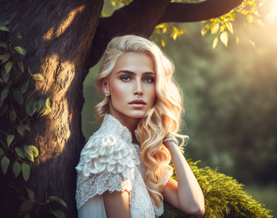 Blonde Woman in White Dress Leaning Against Tree