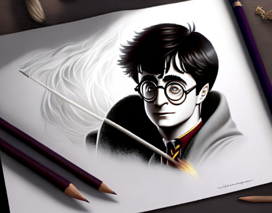 Young wizard with round glasses holding a wand on drawing pad surrounded by pencils