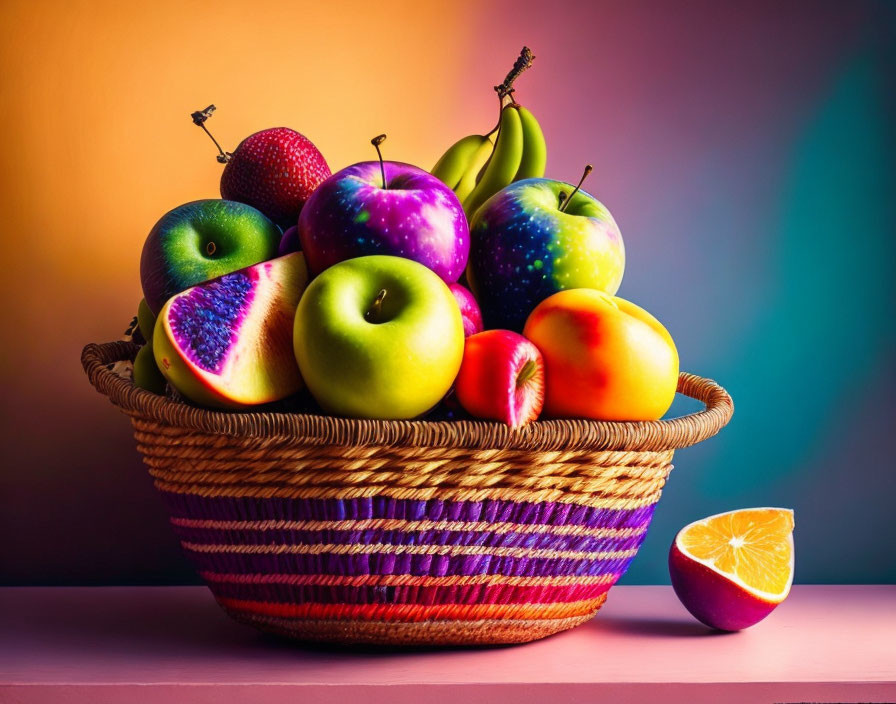 Colorful Artistic Fruit Basket on Gradient Background with Sliced Orange