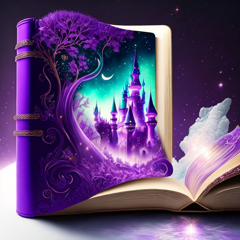 Open book with enchanted castle, crescent moon, stars, and intricate purple designs