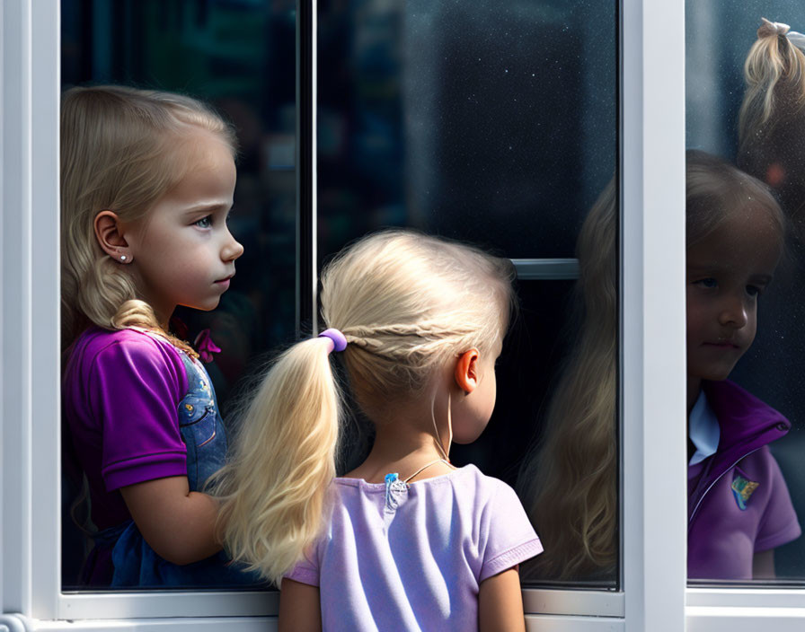 Blonde girl with ponytail looking through window