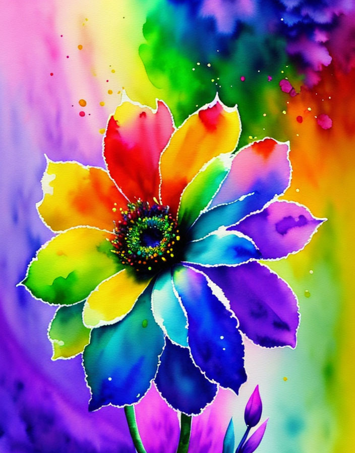 Colorful Watercolor Painting of Multicolored Flower on Gradient Background