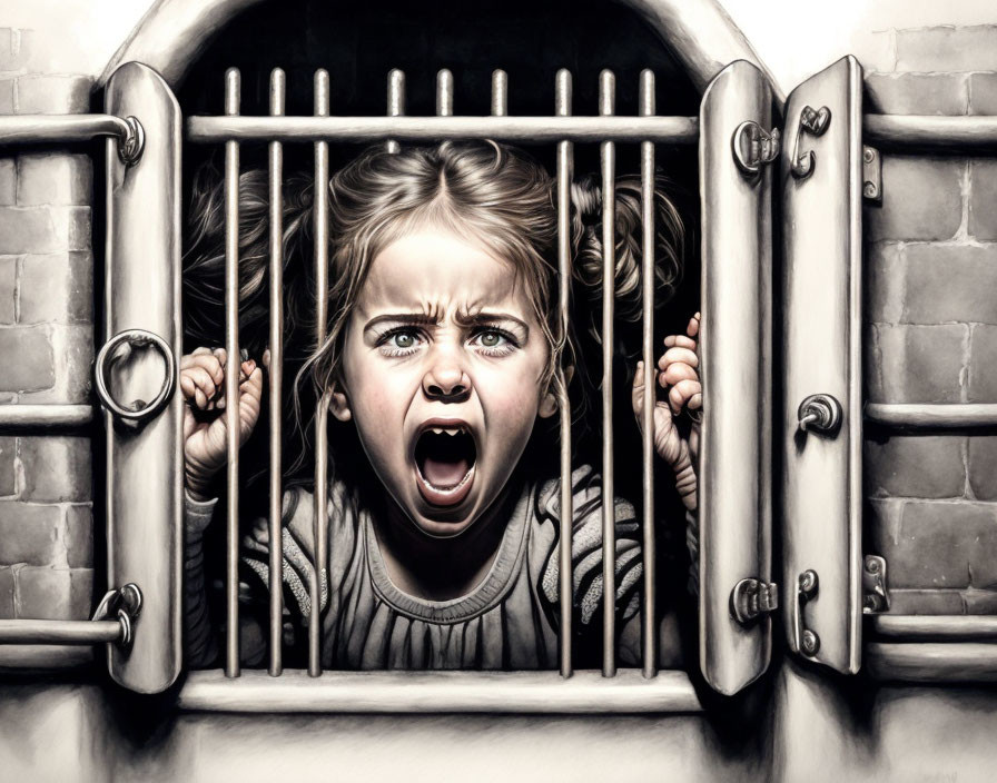 Young girl distressed, shouting through old metal grate in heavy hinged door.