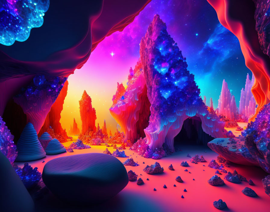 Surreal neon landscape with glowing crystals and starry sky