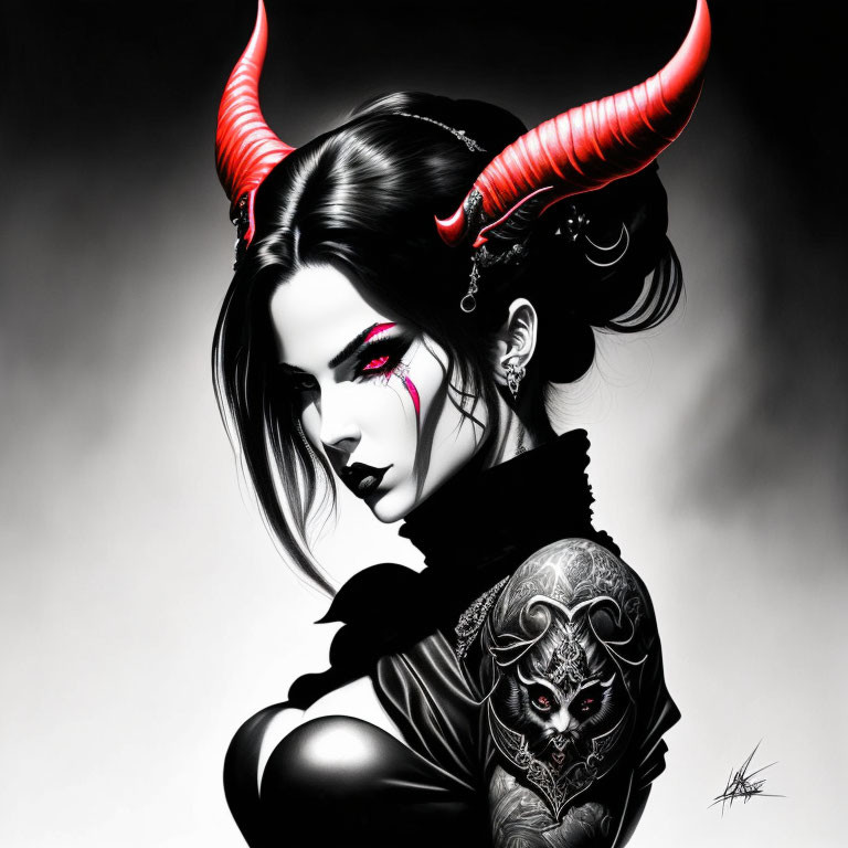 Illustration of woman with red horns, dark hair, black outfit, and red teardrop detail