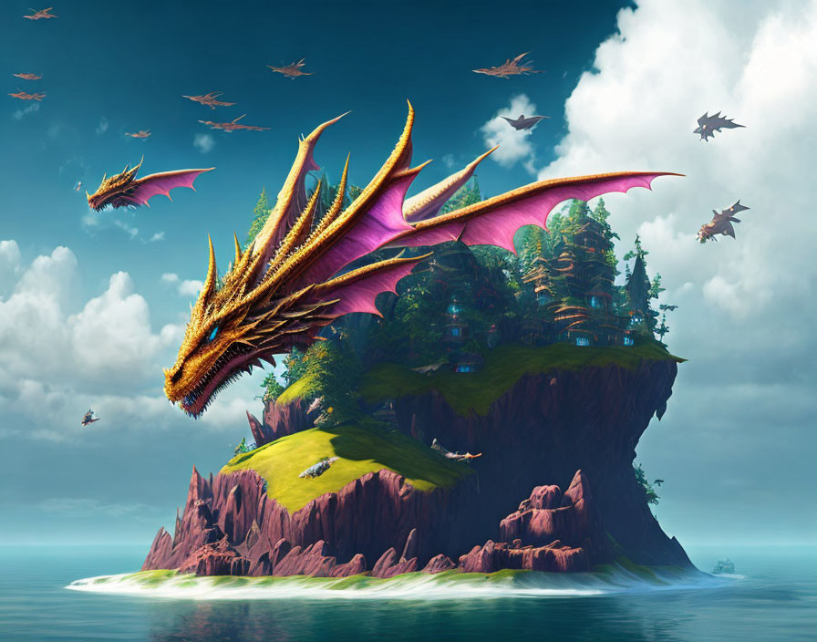 Flying dragon with vibrant wings above lush floating island