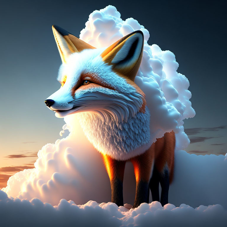 Exaggerated features fox in clouds at twilight.