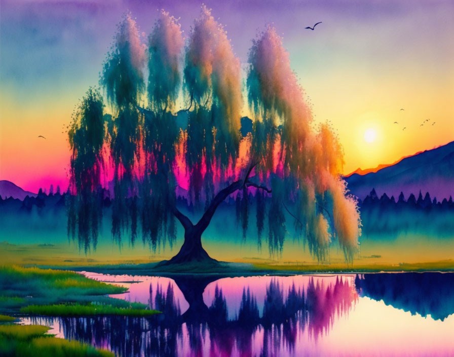 Colorful watercolor painting: Weeping willow tree by lake at sunset