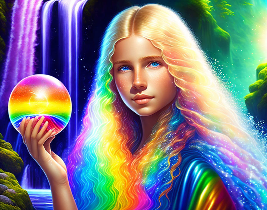 Digital artwork of woman with multicolored hair holding glowing orb in lush natural setting