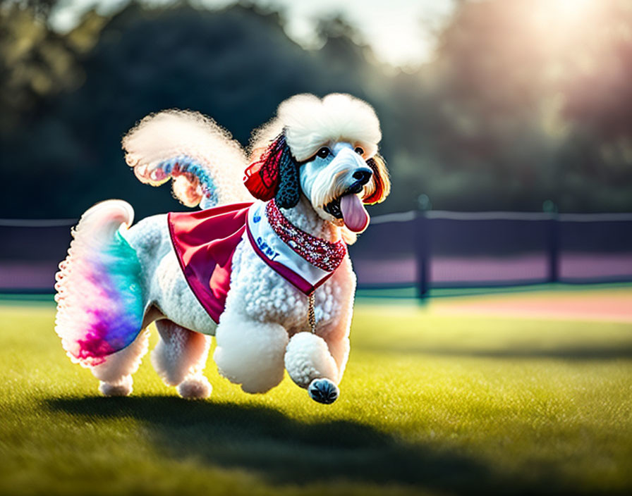 Colorful Tail and Ears Poodle Running on Grass with Bandana