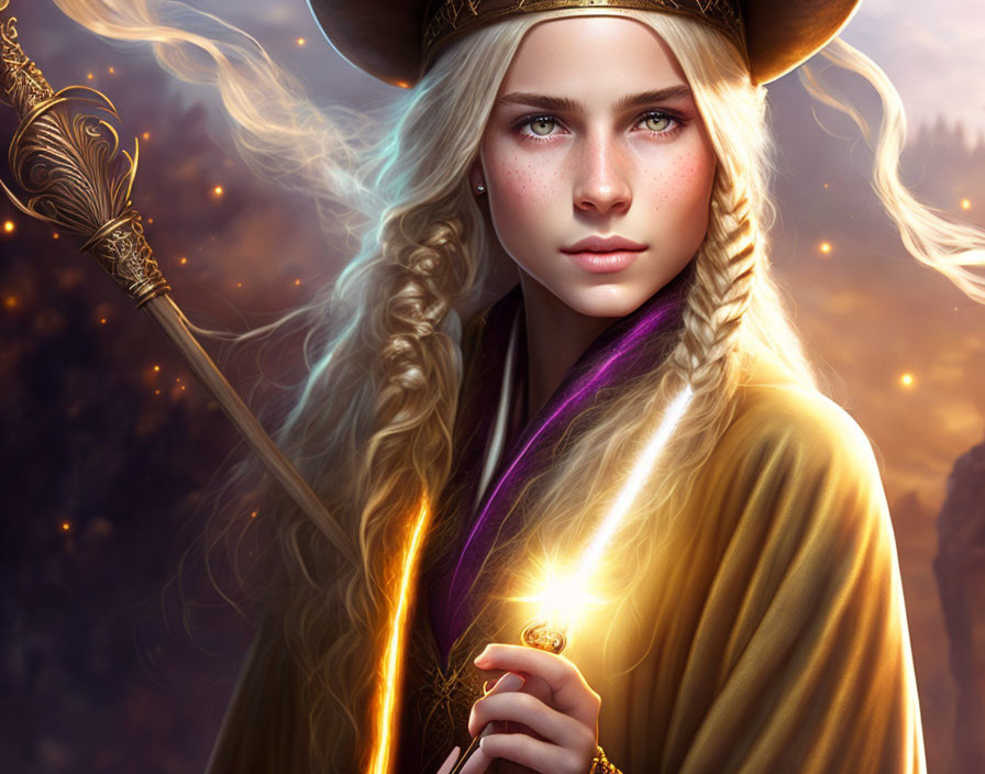 Blonde Woman with Braided Hair Holding Glowing Staff in Fantasy Setting