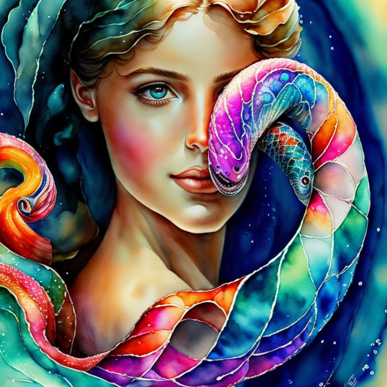 Vibrant watercolor painting: woman with blue eyes and snake intertwined