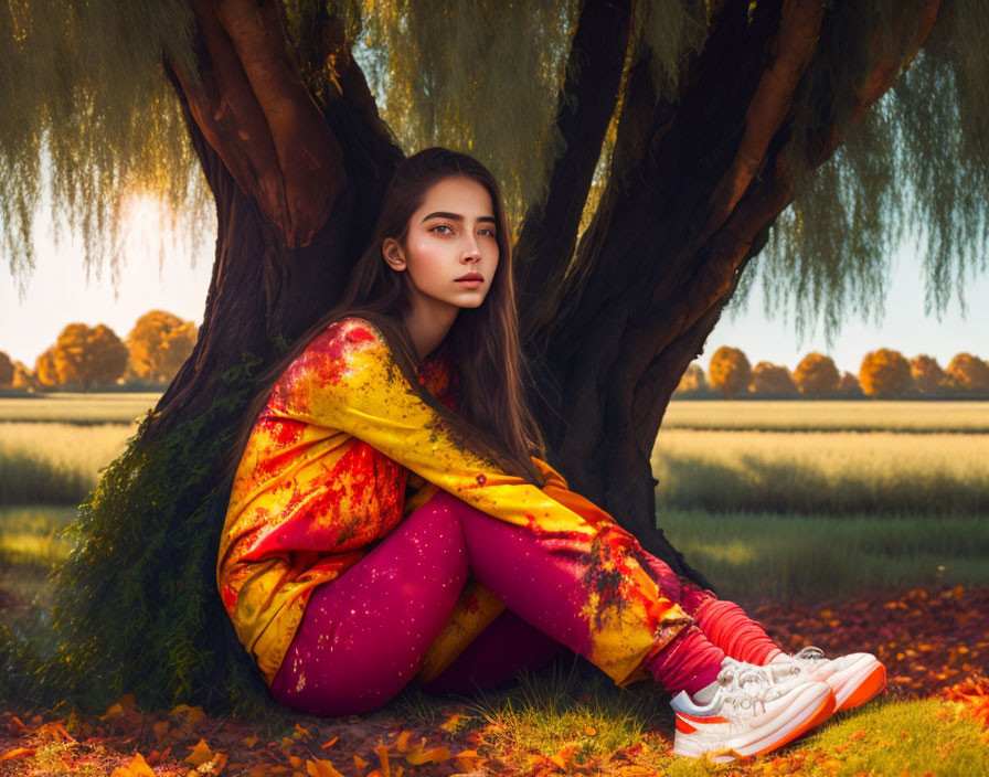 Young woman in yellow and red outfit under autumn tree