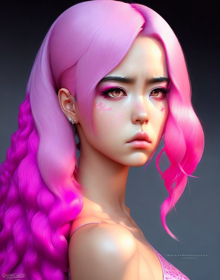 Detailed Digital Portrait: Woman with Pink Hair & Striking Eyes