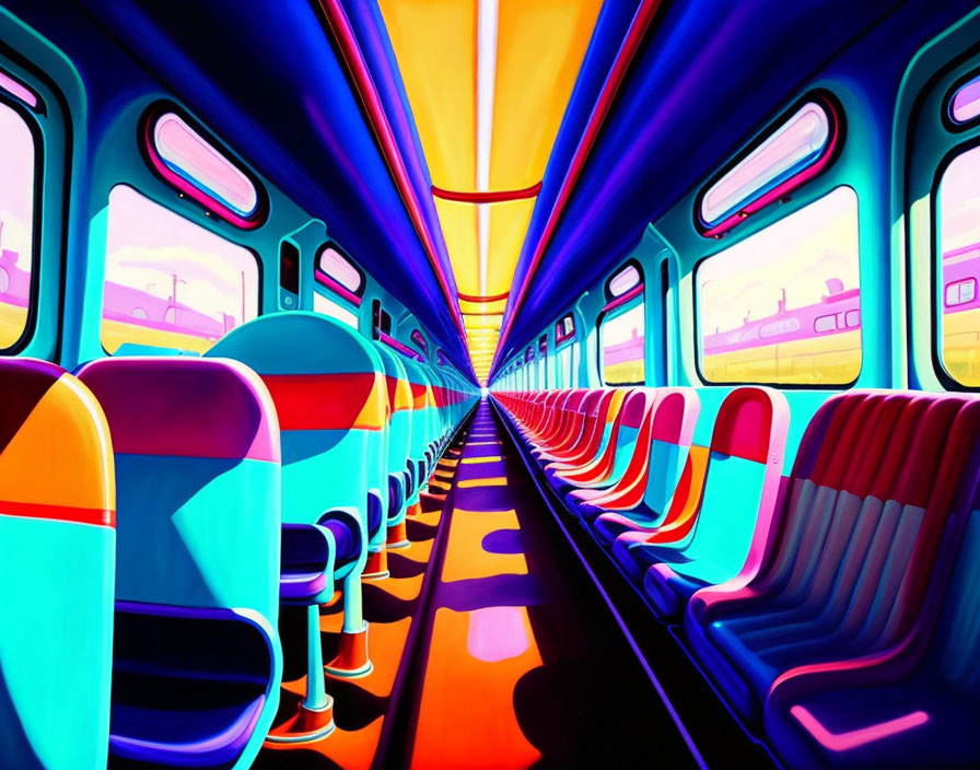 Colorful interior illustration of a train car with neon palette