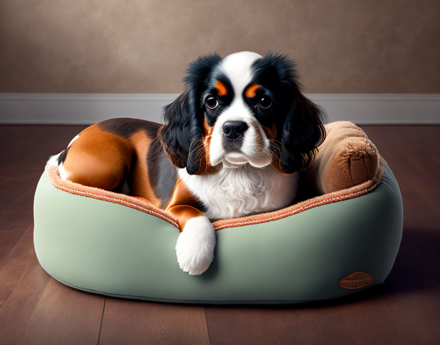 Cavalier King Charles Spaniel in cozy dog bed on brown background