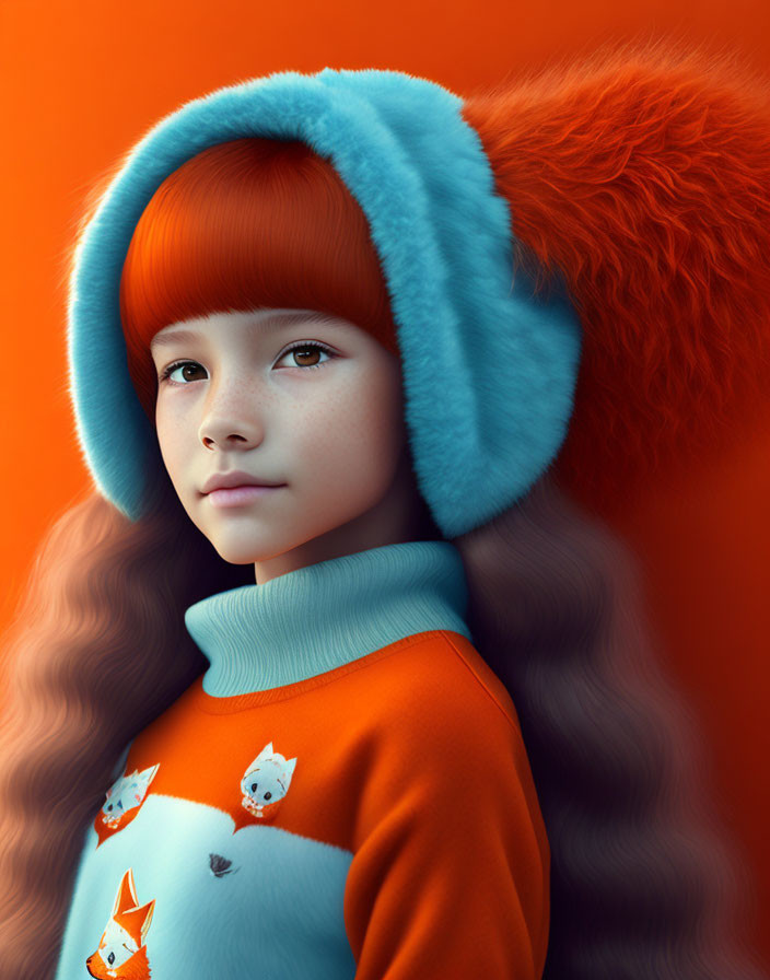 Child in Blue Furry Hat and Fox Shirt on Orange Background