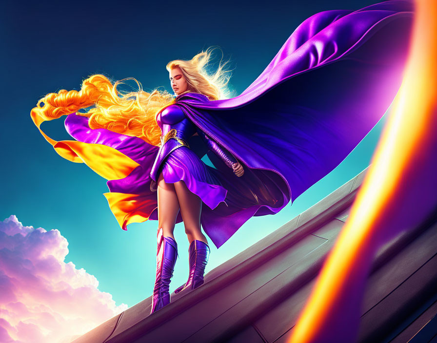 Blonde superheroine in purple cape and costume against dramatic sky