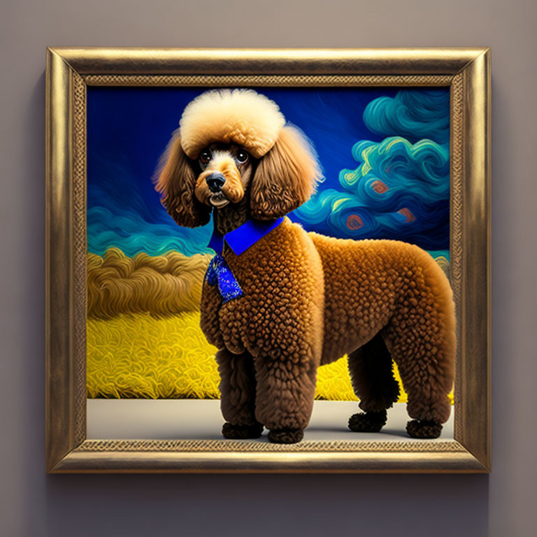 Brown poodle with bow tie on Van Gogh-inspired starry night background