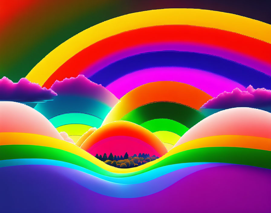 Vibrant Rainbow Arcs Overlapping Stylized Clouds and Forest Silhouette