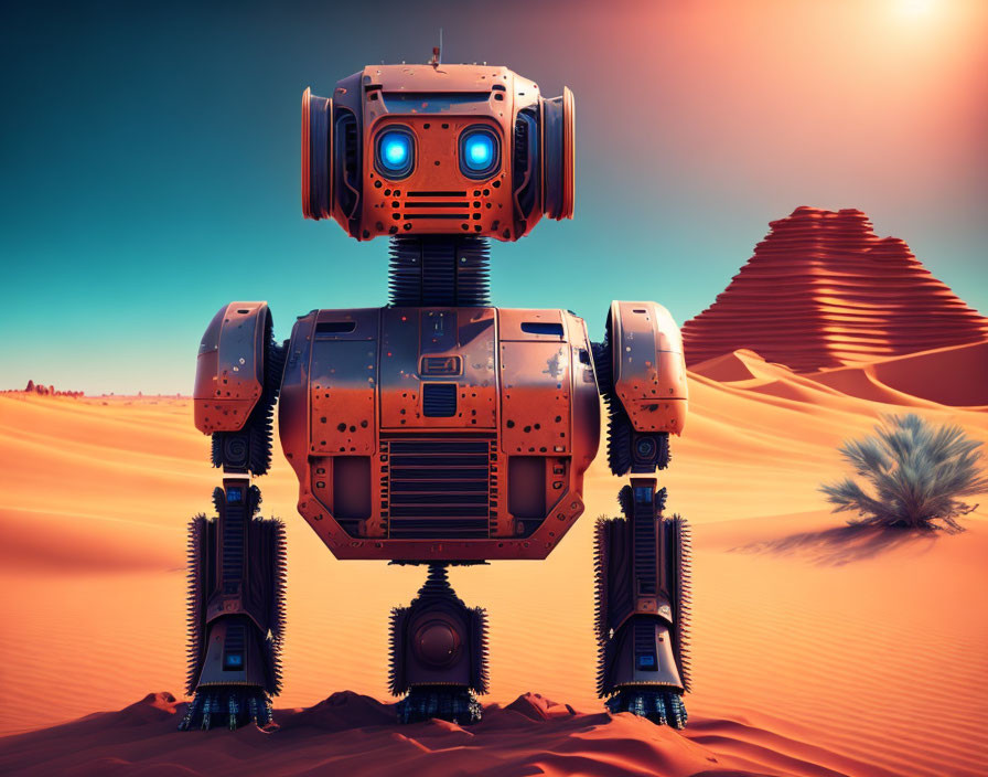 Giant humanoid-faced robot in desert with blue eyes