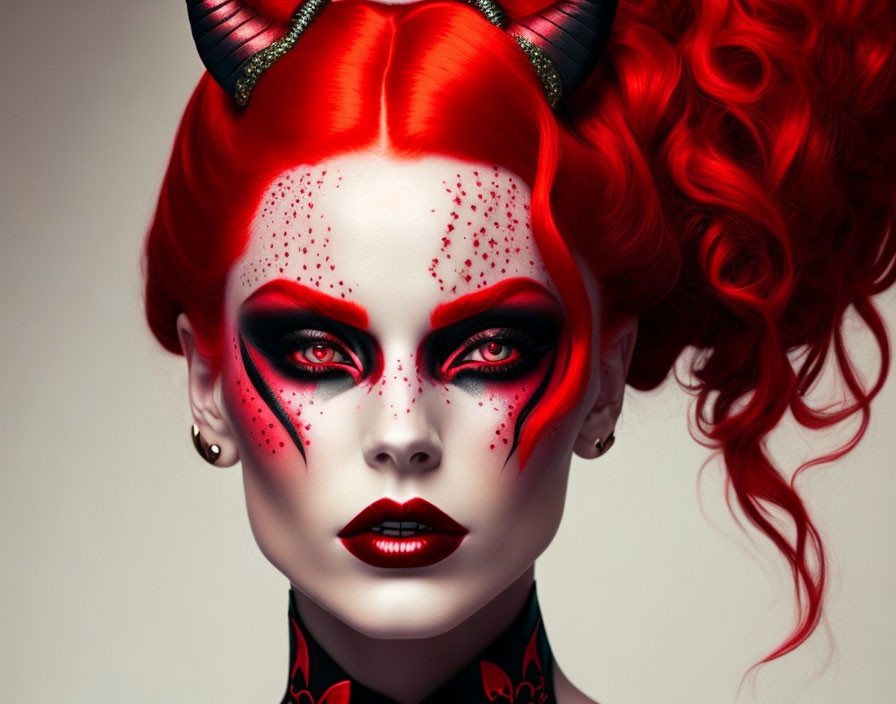 Fantasy demon character with red hair, horns, and dramatic makeup