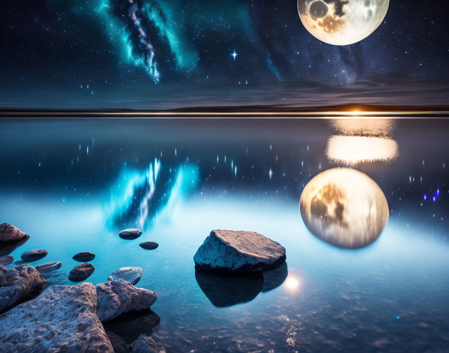 Tranquil nightscape with moon, galaxy, and water reflection