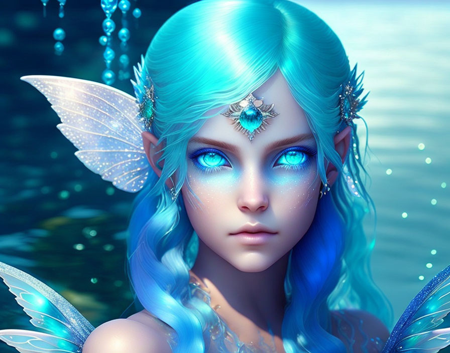 Blue-Haired Fairy with Delicate Wings in Aquatic Setting