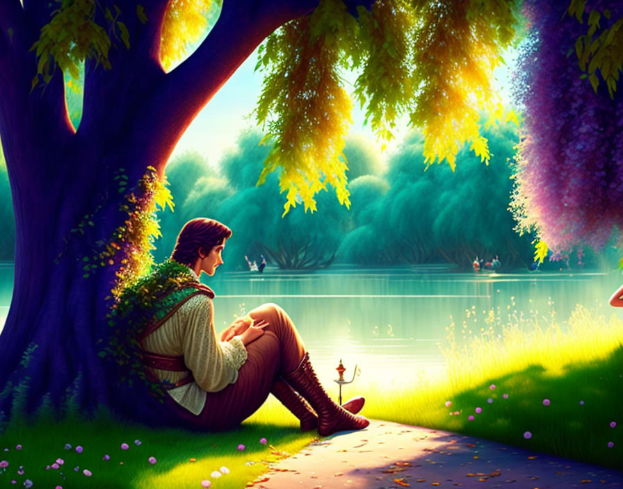 Illustrated Person Relaxing by Colorful Tree at Tranquil Lake