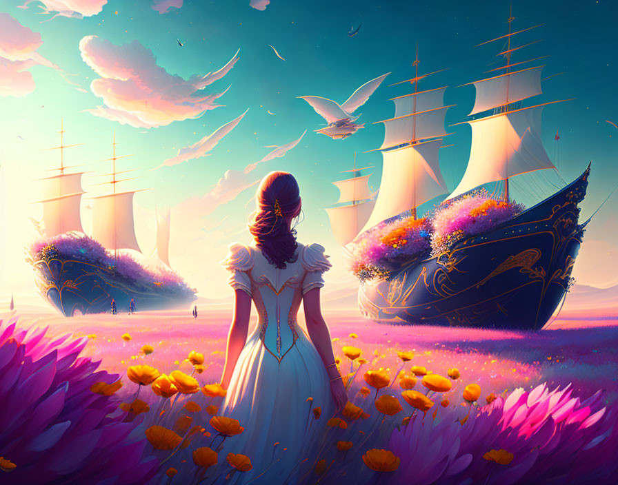 Woman in white dress in surreal landscape with floating ships and colorful flowers.