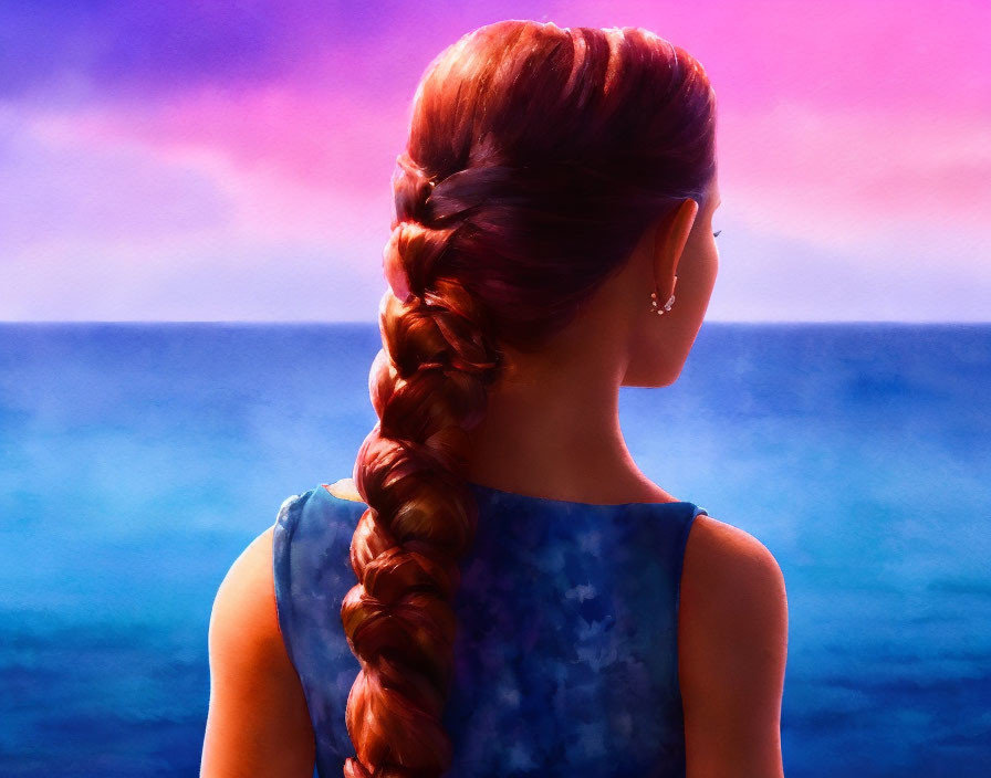 Braided hair person watching sunset over vibrant ocean sky