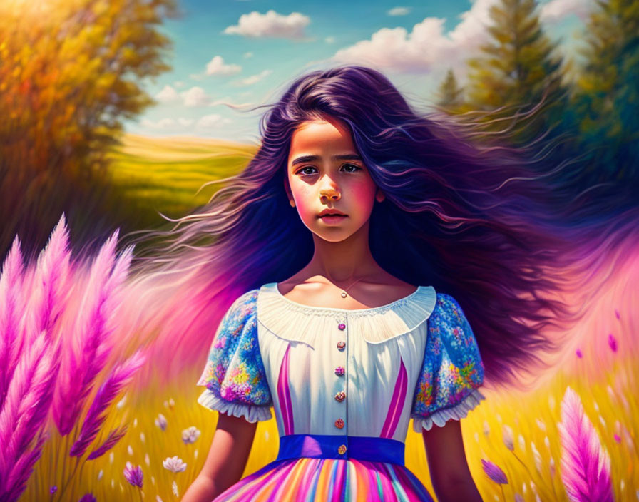 Young girl with purple hair in pink grass under sunny sky