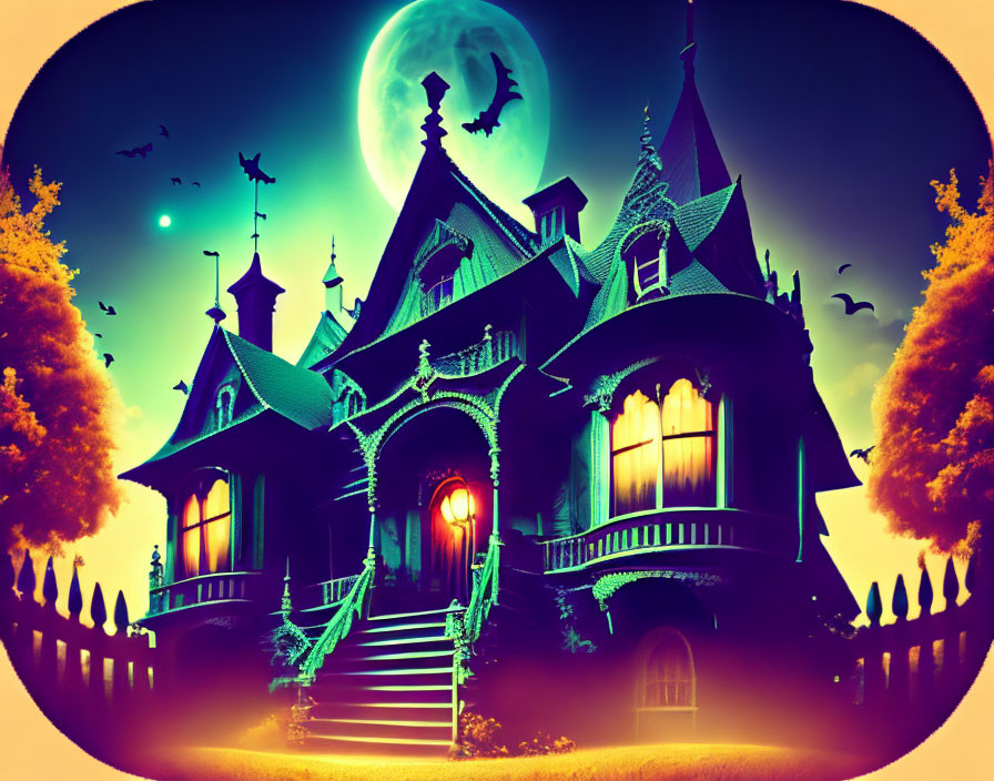 Eerie Gothic mansion under large moon with bats