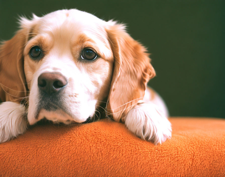 Beagle puppy resting chin on orange surface against green background