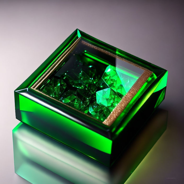 Luminescent green box with faceted crystals on reflective surface