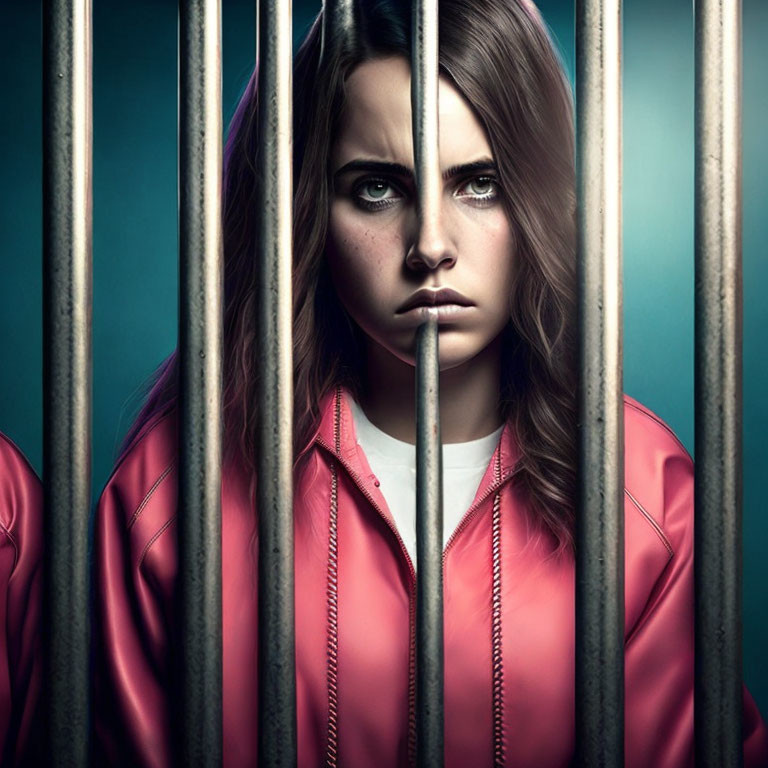 Intense-eyed woman in red jacket behind bars signifies confinement.