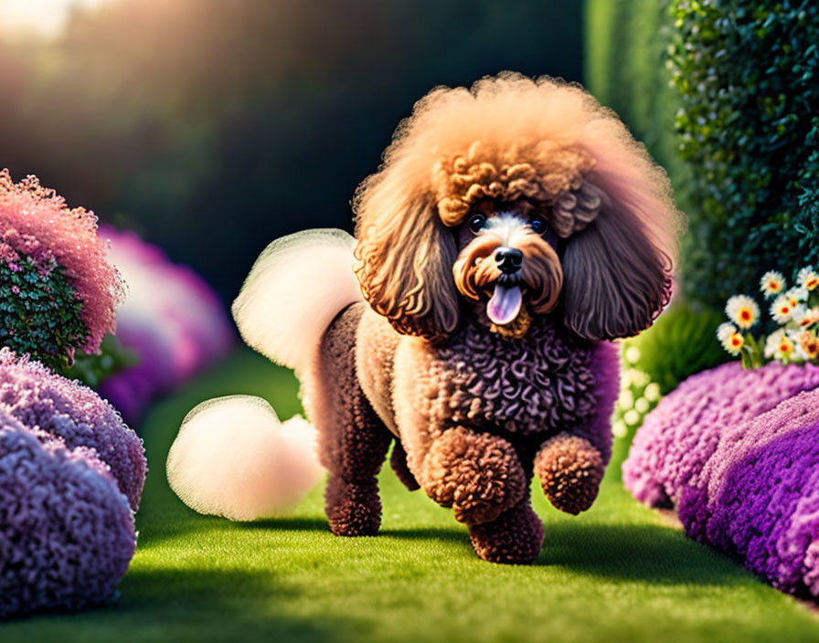 Fluffy Brown Poodle in Lush Garden