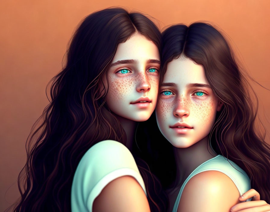 Twin girls digital art: blue eyes, freckles, wavy brown hair, amber background