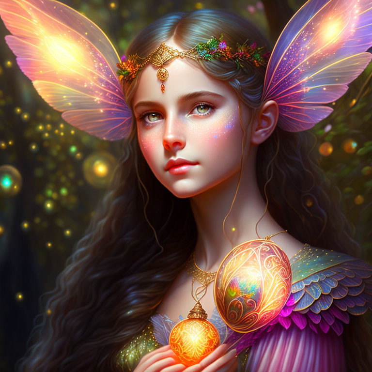 Fantastical female with butterfly wings in magical forest.