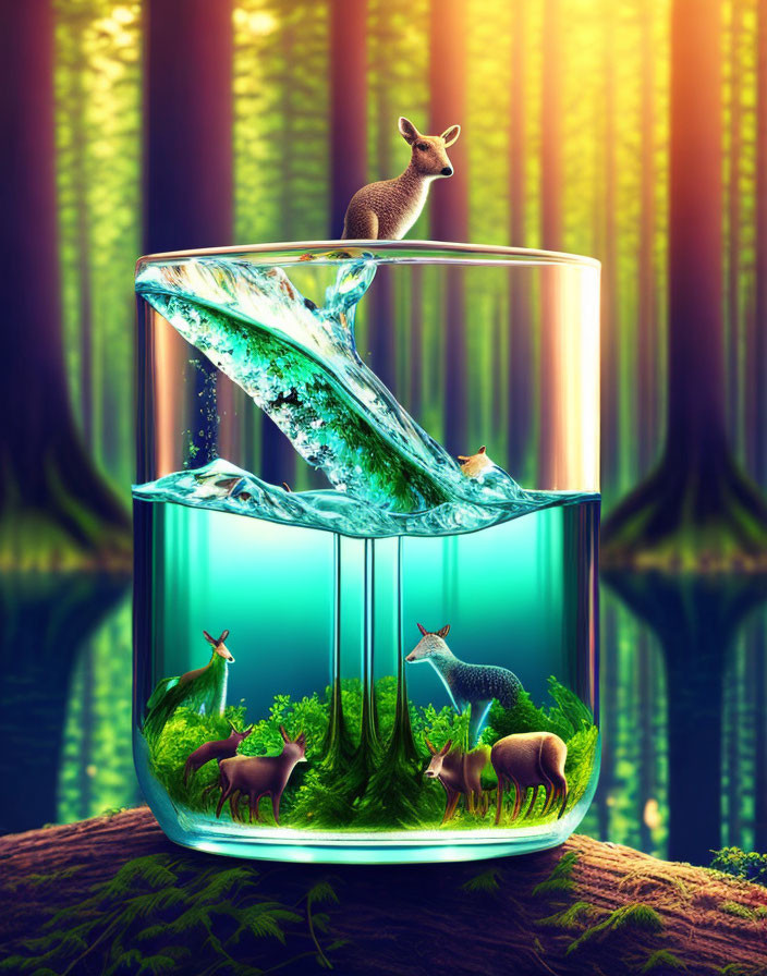 Glass of water with mini ecosystem: deer, kangaroo, lush greenery in surreal forest.