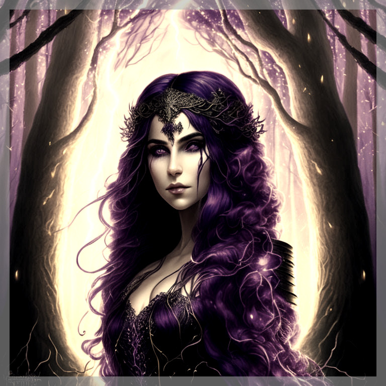 Purple-haired woman with ornate crown in mystical forest scene