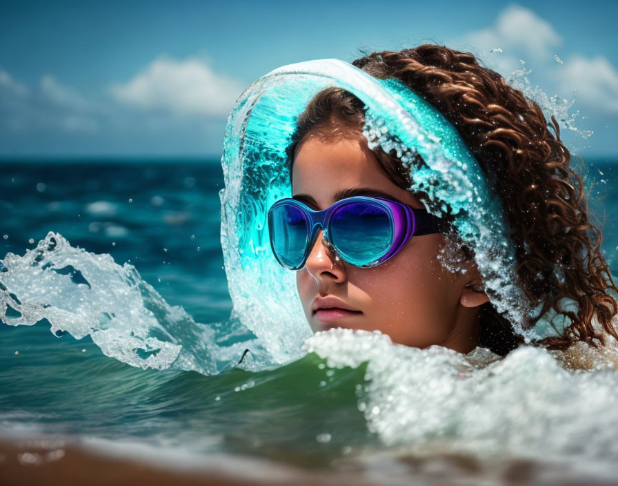 Curly-Haired Person in Oversized Sunglasses by Blue Ocean