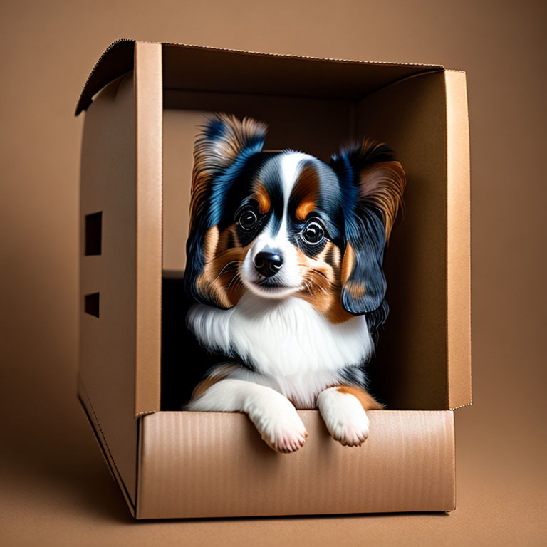 Tricolor Papillon Dog in Cardboard Box on Tan Background